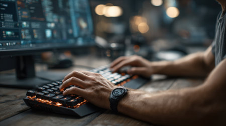 A gamer intensely types on a backlit mechanical keyboard, illuminated by multiple screens displaying colorful graphics in a cozy, dimly lit gaming setup.の素材