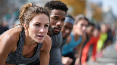 Athletes line up at the starting line, focused and ready for the race to begin. They wear vibrant athletic gear and exhibit determination in their expressions.の素材