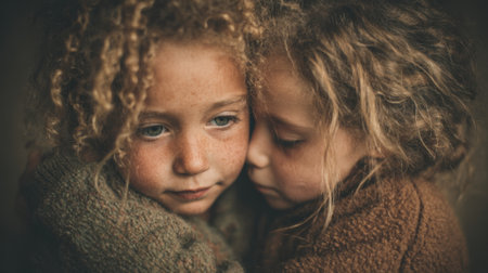 Two girls with curly hair share an affectionate embrace in a warm indoor environment, exuding a sense of comfort and companionship during a quiet moment.の素材
