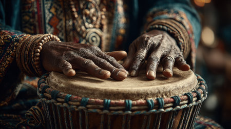 A skilled musician passionately plays a traditional drum at a cultural gathering, showcasing intricate rhythms. The atmosphere is rich with energy and heritage.の素材