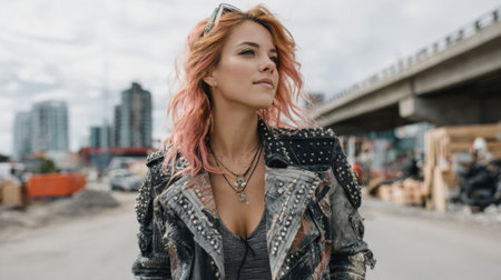 A young woman with pink hair stands confidently on an urban street. She wears a studded jacket and layered necklaces, exuding a bold style against a city backdrop.の素材