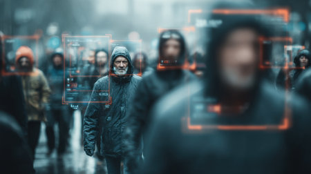 A group of people walks down a wet street on a gray day. Advanced surveillance technology tracks individuals, highlighting their profiles amidst the rain-soaked atmosphere.の素材