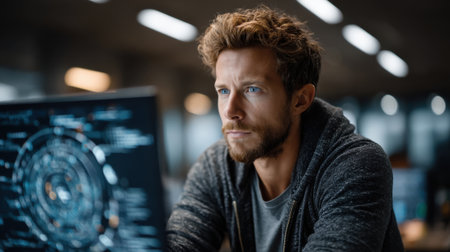 A man with light brown hair and a beard works intently at a computer, studying complex data visuals in a contemporary office environment filled with natural light.の素材