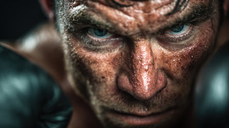 A boxer focuses intensely, sweat glistening on his skin, as he prepares for an upcoming fight. The atmosphere is charged with anticipation and dedication at a training facility.の素材