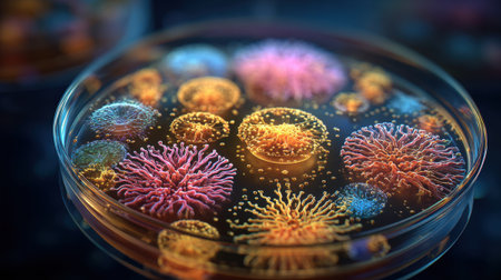 Microorganisms displayed in a petri dish showcase vibrant colors and intricate shapes, illuminated by subtle laboratory lighting, highlighting the diversity of microbial life.の素材