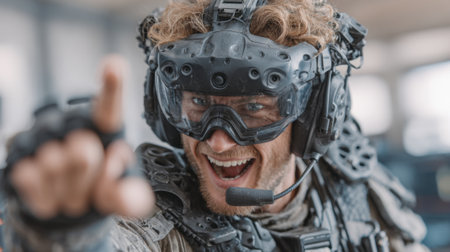 A soldier dressed in tactical gear and a helmet demonstrates enthusiasm while pointing during a training exercise at a military facility. The atmosphere is lively and energetic.の素材