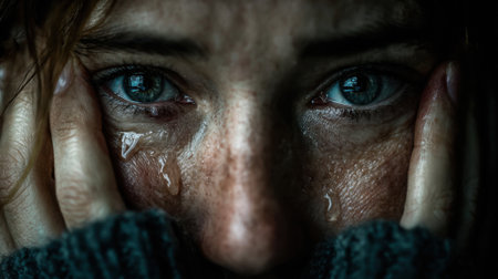 A young woman gazes intensely with tears streaming down her cheeks, hands holding her face. Her expression reveals a deep sense of vulnerability and emotion, captured in an intimate setting.の素材