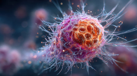 A detailed illustration showcases a colorful cell with filaments and textures, highlighting its complex structures and biological features in a laboratory environment.の素材