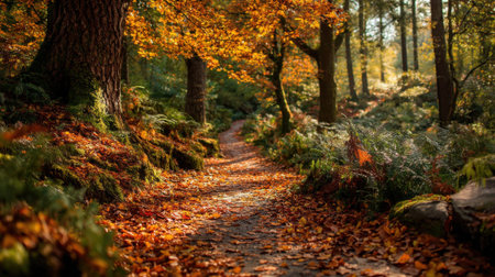 A winding pathway traverses through a serene forest filled with trees adorned in colorful autumn leaves. The sunlight creates a warm glow, enhancing the fall scenery.の素材
