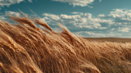 Wheat plants sway delicately in a sunny field, reflecting golden hues. The expansive landscape stretches endlessly, showing the beauty of nature on a clear day.の素材