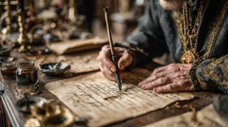 In a cozy, candlelit study, an elderly scholar carefully writes on aged parchment with a quill. Surrounding him are antique books and writing supplies, creating an atmosphere of history.の素材