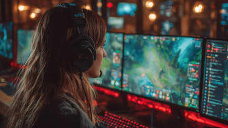 A focused gamer wearing headphones engages in a competitive game in a vibrant esports arena filled with dynamic screens and enthusiastic spectators.の素材