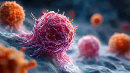 This detailed depiction highlights cancer cells and their distinctive features, revealing their irregular shapes and active movements in a close-up view under a microscope.の素材