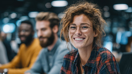 In a contemporary office space, a young woman with curly hair and glasses smiles brightly while participating in a team meeting. Two colleagues are visible behind her.の素材