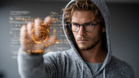 A man wearing glasses and a hoodie engages with a futuristic holographic interface in a sleek, minimalistic office. The atmosphere is dynamic and focused, showcasing advanced technology.の素材