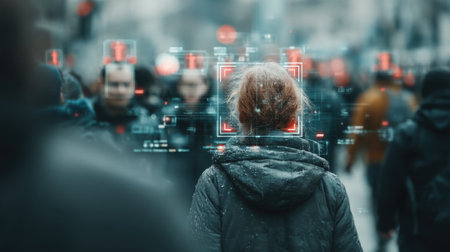 A person stands in a busy city street, surrounded by pedestrians. Digital facial recognition overlays are visible, indicating advanced surveillance technology in use.の素材