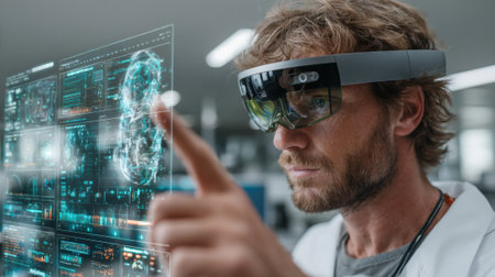A scientist wearing augmented reality glasses interacts with a holographic display filled with data and graphics in a high-tech laboratory during the day.の素材