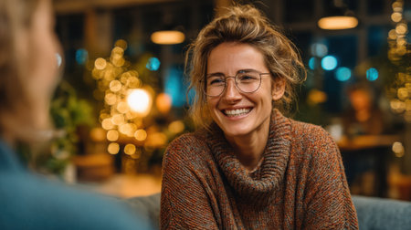 A woman wearing a cozy sweater smiles brightly while engaging in a lively conversation with a friend. The cafe is warmly lit, creating a cheerful atmosphere as people relax.の素材