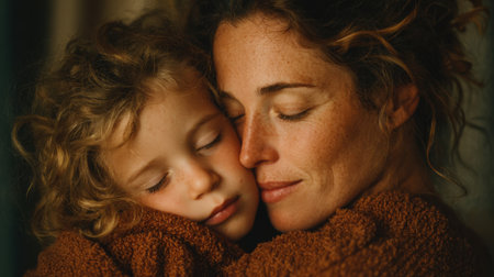 A mother holds her child closely, both with peaceful expressions, surrounded by a soft, warm light. The intimate moment captures their bond beautifully during the evening hours.の素材