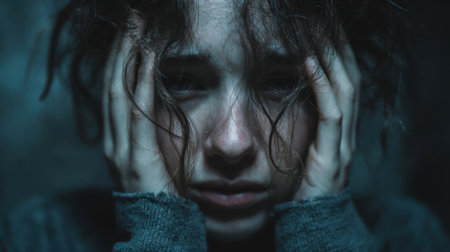 A young woman with disheveled hair clutches her head in despair, sitting in a shadowy environment that enhances the feeling of anxiety and distress.の素材