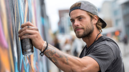 A skilled street artist focuses on painting a colorful mural on a wall, surrounded by an urban environment. People walk by, admiring his artistic process under a bright sky.の素材
