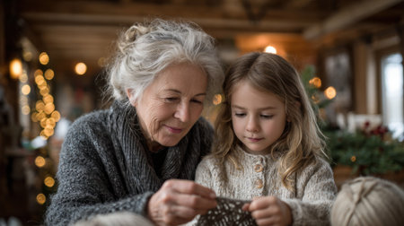 An elderly woman and a young girl sit close together, carefully working on a craft project in a warm, decorated space filled with soft lighting and holiday cheer.の素材