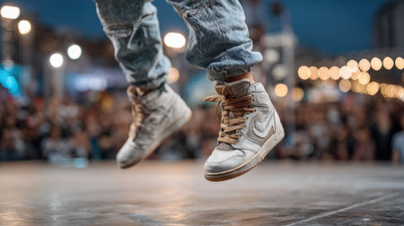 A dancer performs dynamic moves in high-top sneakers at a lively outdoor gathering. The backdrop features a crowd and string lights, creating an energetic atmosphere.の素材