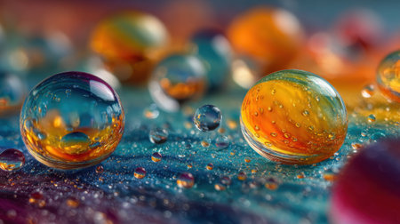 Glass marbles of various colors are scattered across a brightly colored surface, reflecting light and showing casing bubbles.の素材