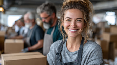 A cheerful woman in a gray sweater and apron smiles at the camera while helping pack boxes in a busy warehouse filled with volunteers during the afternoon shift.の素材