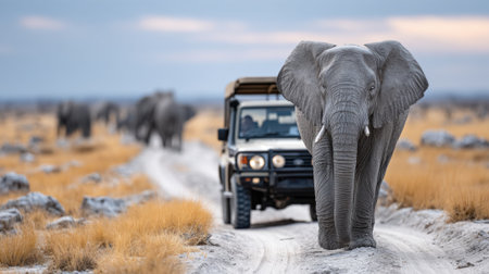A herd of elephants walks along a sandy path in Namibia, with one large elephant approaching a safari vehicle. The scene captures the beauty of wildlife in a natural setting.の素材
