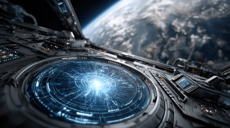A futuristic spacecraft cockpit reveals a stunning view of Earth from space. Advanced displays and controls illuminate the interior, emphasizing human exploration and technology.の素材