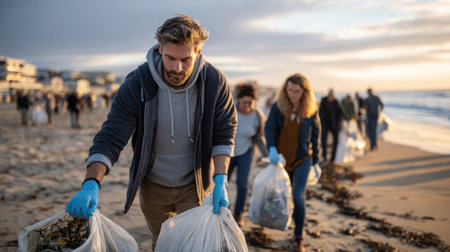 A group of volunteers participates in a coastal cleanup event as the sun sets. They gather trash from the sandy beach, demonstrating community efforts towards environmental preservation.の素材