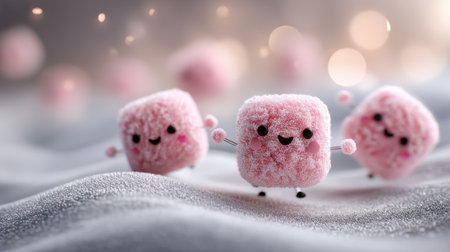 Three adorable pink marshmallow characters engage in playful activities on a soft surface, surrounded by a warm, inviting atmosphere filled with light and texture.の素材