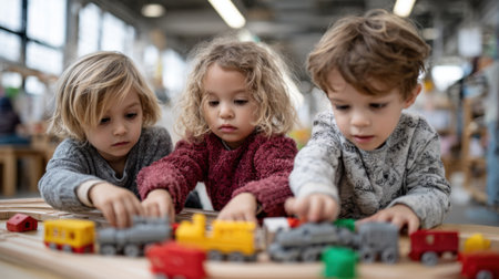Three children are engaged in play, arranging colorful wooden train sets on a table in a well-lit indoor space in the afternoon. Their expressions show concentration and joy.の素材