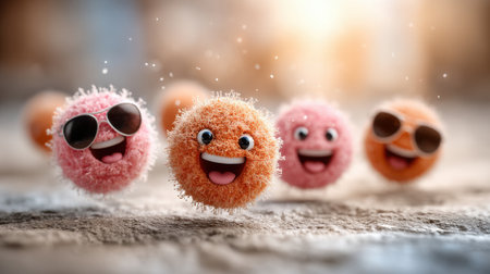Colorful cartoon characters are scattered across a whimsical setting, smiling broadly and wearing sunglasses under soft golden sunlight creating a playful and joyful atmosphere.の素材