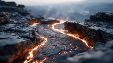 Molten lava streams between jagged rocks, glowing brightly against the dark landscape at twilight. The heat radiates, creating a mesmerizing sight of nature's power and beauty.の素材