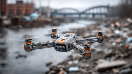A drone hovers above a polluted river in an urban setting filled with debris. The overcast sky adds to the somber atmosphere as environmental issues are highlighted.の素材