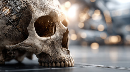 A detailed skull featuring intricate metallic elements is placed on a sleek surface. Soft, warm light from the surroundings creates an ethereal atmosphere during twilight.の素材