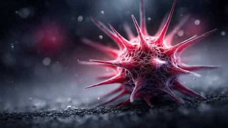 This close-up captures a virus with spiky structures, glowing under a focused light. The dark background enhances its vivid colors and complex textures, evoking a sense of scientific intrigue.の素材