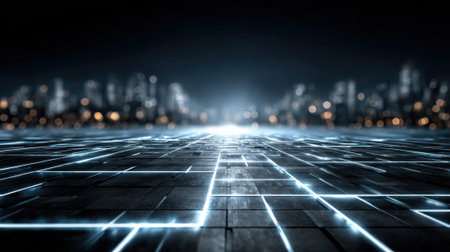 A modern city skyline emerges in the distance, with bright lights twinkling among skyscrapers. At the foreground, a tile surface with glowing lines creates a futuristic atmosphere.の素材