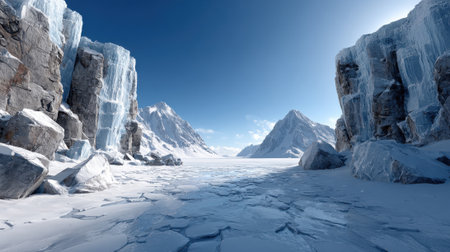 A stunning expansion of ice stretches across the scene, flanked by tall, jagged mountains. The sun illuminates the icy terrain, creating a breathtaking winter wonderland.の素材
