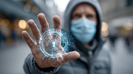 A man in a gray jacket and mask stands in a busy city area, displaying his hand with a glowing digital lock symbol above his palm. The environment is bustling with people.の素材