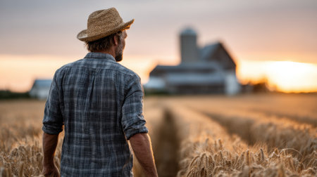 A farmer strolls through a wheat field during sunset, silhouetted against the horizon. The barn stands peacefully in the background, adding to the serene rural atmosphere.の素材