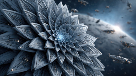 A stunning flower-like structure emerges in a vast cosmic setting, featuring intricate details and advanced technology. Surrounding spacecraft float amidst distant stars in this imaginative scene.の素材