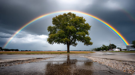 A vibrant rainbow stretches across a dramatic sky above a lone tree standing on a wet pavement. The scene captures the beauty of nature following a summer rainstorm.の素材