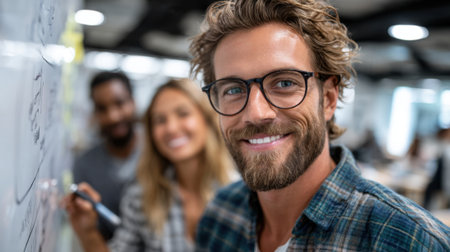 Two young adults are smiling while collaborating in an open office. One person is writing on a whiteboard, sharing ideas in a modern and vibrant workspace.の素材