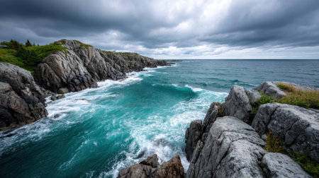 Rocky cliffs meet the turquoise ocean, with crashing waves revealing the power of nature. Clouds gather overhead, creating a moody atmosphere on the coastline.の素材