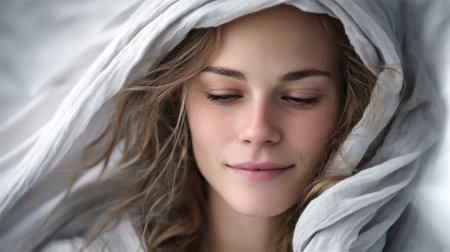 A young woman with natural beauty gazes downwards while wrapped in soft, flowing fabric. The gentle light highlights her features, creating a peaceful and intimate mood indoors.の素材