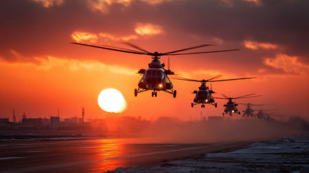 Helicopters ascend into the evening sky as the sun sets, casting vibrant colors over a runway. The scene captures the moment of departure and the beauty of twilight.の素材