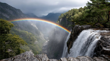 A stunning waterfall flows powerfully into a lush valley, creating a mist that reflects a brilliant rainbow against a backdrop of dark, looming mountains. It's an enchanting natural landscape.の素材